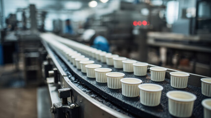 Obraz premium Rows of yogurt cups moving along conveyor belt inside modern dairy processing facility