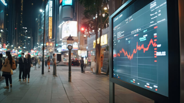 Stock market display showing fluctuating graphs in city at night  
