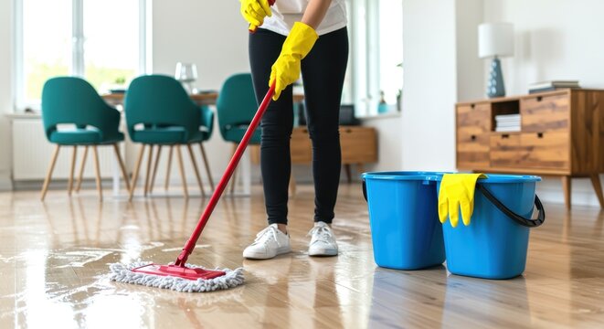 Person in yellow gloves mopping a wooden floor in a modern home interior