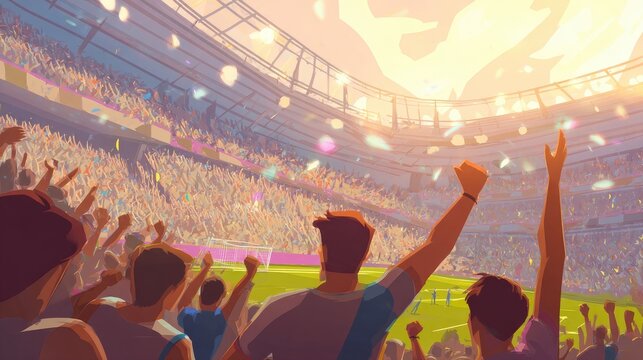 Lifestyle illustration Sports fanatic lifestyle spectators cheering loudly during football match final moments stadium packed to capacity