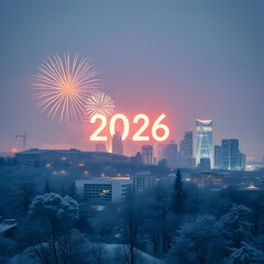 New Year's Eve 2026: A cityscape erupts in a dazzling display of fireworks as the new year is welcomed. The silhouette of buildings against a dusk sky, symbolizing the dawn of a new era.