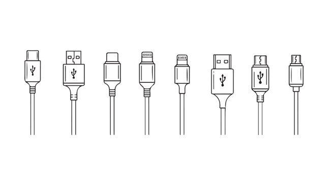 Diverse usb cable connectors set showing various modern digital data transmission ports silhouette