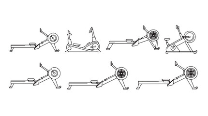 Animated sequence of a rowing machine workout demonstrating proper exercise form and movement silhouette