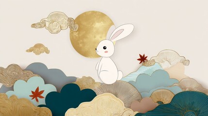 Cute cartoon vector illustration of moon and white rabbit with golden Chinese landscape elements, auspicious clouds, lotus, and floral patterns, minimalist flat design for mid autumn festival concept.