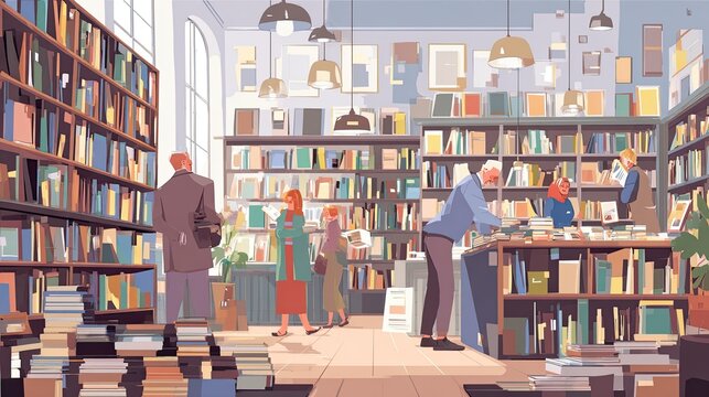 Lifestyle illustration Book lover lifestyle bookstore filled with rows upon rows of classic literature titles readers browsing intently