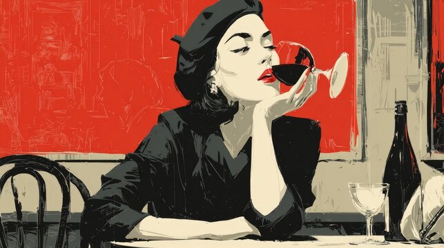 Nightlife and Parties illustration A woman at a jazz club wearing a beret and sipping red wine woman lifestyle
