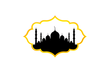 Mosque silhouette with golden frame isolated on transparent background, islamic art
