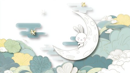 Cute cartoon vector illustration of moon and white rabbit with golden Chinese landscape elements, auspicious clouds, lotus, and floral patterns, minimalist flat design for mid autumn festival concept.