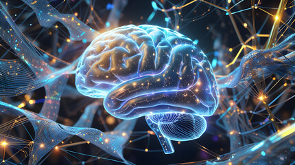 Futuristic holographic brain illustration glowing with neural networks symbolizing AI-driven biotechnology research