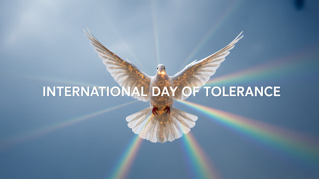 White dove in flight against a radiant sky with rainbow light beams, symbolizing the International Day of Tolerance