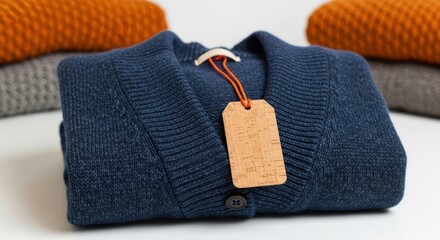 Cozy Navy Blue Cardigan with Hanging Tag and Folded Sweaters