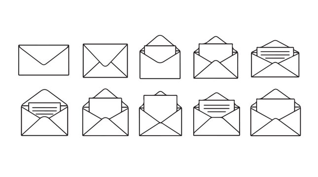 Collection of hand drawn envelope icons showing different states of opening and content silhouette