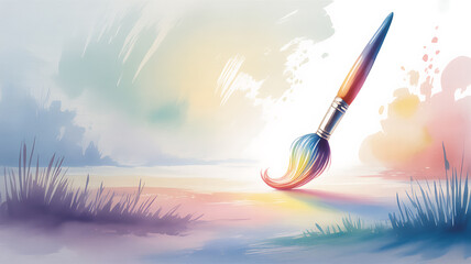 A colorful paintbrush floats above a serene landscape at sunset, with soft brushstrokes and vibrant hues blending in the sky.