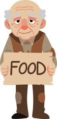 Cartoon Depiction of an Elderly Man Holding a Sign Requesting Food
