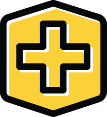 Obraz premium Yellow hexagon with a black outline and a white plus symbol