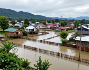 Fototapeta premium a flood prone town with elevated houses, community flood barriers, and shared emergency shelters, emphasizing resilient communities preparing for natural disasters.