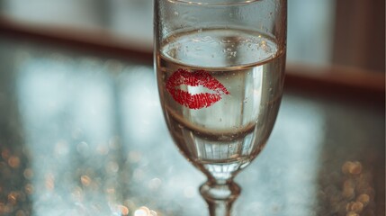 Glass of sparkling wine with red lipstick stain on blurred reflective surface