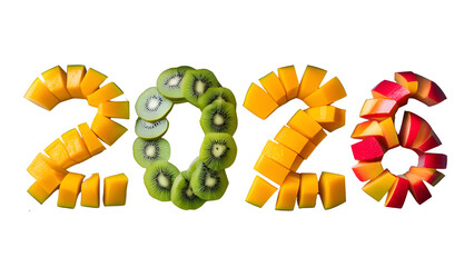 Mango and kiwi fruit slices arranged to form the year 2026.