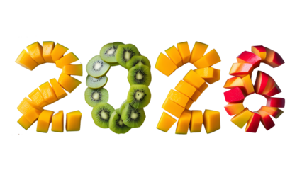 Mango and kiwi fruit slices arranged to form the year 2026.