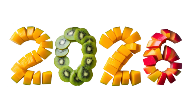 Mango and kiwi fruit slices arranged to form the year 2026.