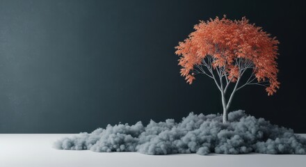 Minimalist autumn tree on misty ground serene natural landscape