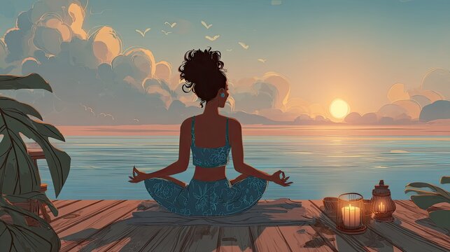 Health and Wellness illustration A woman doing breathwork by the ocean at sunrise woman lifestyle