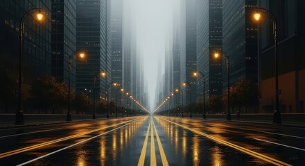 Rainy City Street at Dusk with Glowing Streetlights and Wet Reflections