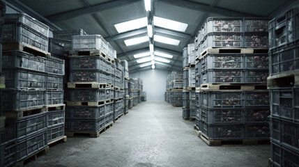 Stacks of plastic crates filled with vegetables stored in a controlled atmosphere warehouse
