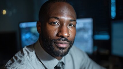 programmer. A focused programmer with lines of code projected in the background, illuminated by cool blue light. product launch decks.