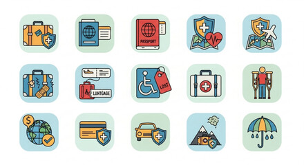 Collection of travel insurance icons, depicting various aspects of coverage, including luggage protection, passport security, medical assistance, and travel safety