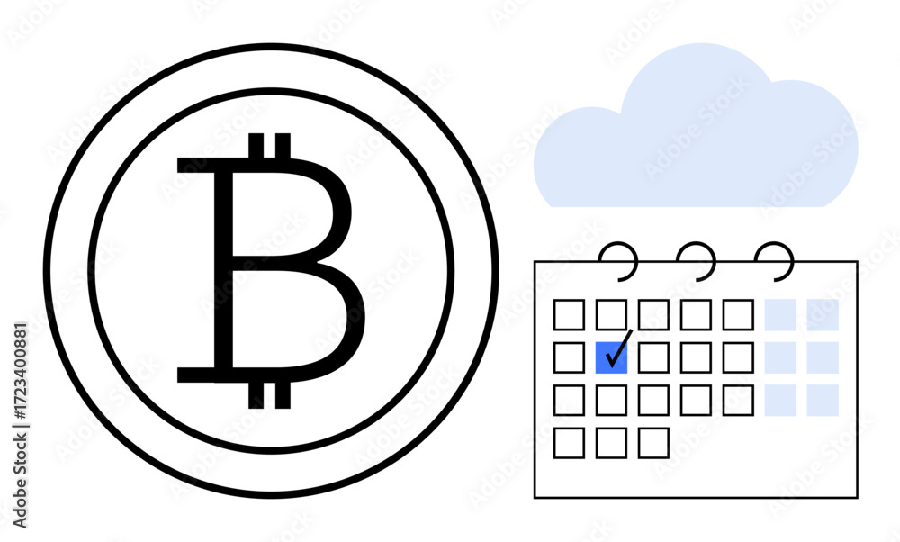 Poster bitcoin sign next to a calendar with a marked date and a cloud, representing cryptocurrency planning