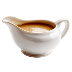 Gravy boat filled with brown turkey gravy. Isolated white background. Png format