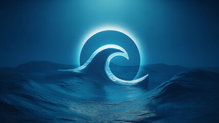 A glowing wave forms a circular shape against a dark ocean under a radiant blue light.