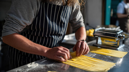 Man making fresh pasta strips with a pasta machine on a floured steel worktable