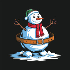 A cute snowman with a carrot nose and green hat celebrates the winter holiday season 