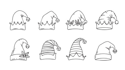 Collection of hand-drawn christmas elf hats and santa hats for festive decorations silhouette