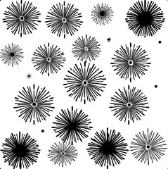 Minimalist black fireworks burst vector icons set on white background, festive happy new year celebration design elements.”