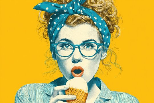 Quirky and Fun illustration A woman eating a giant ice cream cone with a playful expression woman lifestyle