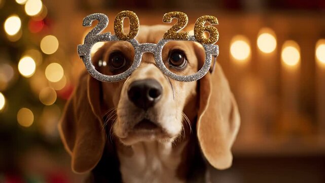 Charming beagle pup posing in cute 2026 party glasses for a festive start to the new year. Cozy holiday setting adorned with twinkling bokeh lights