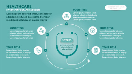 Medical circular infographics template with stethoscope - 5 step illustration for business presentation slide with flat icons and teal green color