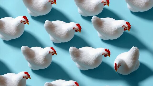 Pattern of white chickens on blue background with shadows