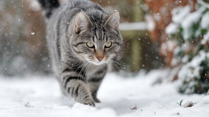 Gray tabby cat walking through snow in wintery garden scene