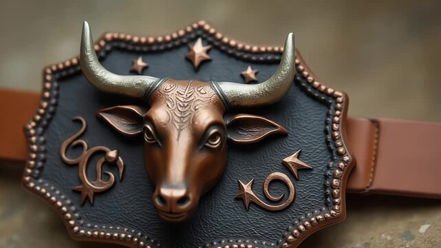 Ornate belt buckle featuring a bronze bull head with decorative stars and scroll designs