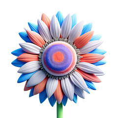 A vibrant and whimsical flower with petals in shades of blue, peach, and white isolated on transparent background
