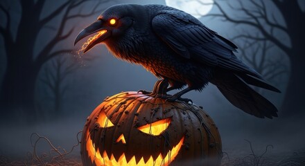 Obraz premium Glowing eyed raven perched atop a spooky jack o lantern in a dark halloween night