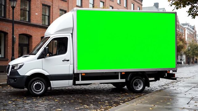 Delivery truck with large green screen side panel for customizable advertising drives through busy urban street, versatile commercial vehicle and mobile billboard for branding