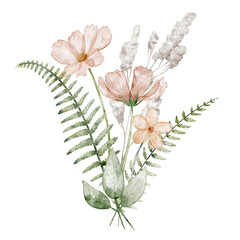 Watercolor bouquet with pink flowers and fern. Floral Illustration of composition with plants and herbs for botanical weeding greeting cards or invitations. Art of forest wildflowers for posters © Alisles