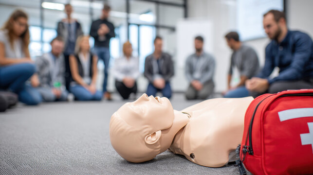 First Aid training session with CPR dummy on floor surrounded by attentive participants engaged in emergency response education workshop indoors.