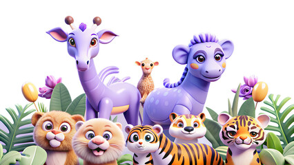 Naklejka premium A group of adorable cartoon animals isolated on transparent background, including tigers, giraffe and lion cubs