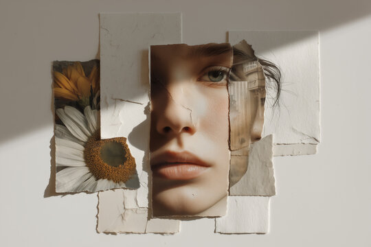 Abstract collage of a woman's face and a daisy, crafted from torn paper. A conceptual art piece about memory, identity, and fragile beauty.